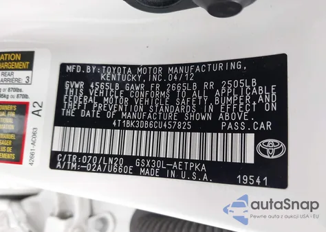 2012 Toyota Avalon Limited из США, поврежденный, VIN 4T1BK3DB6CU457825